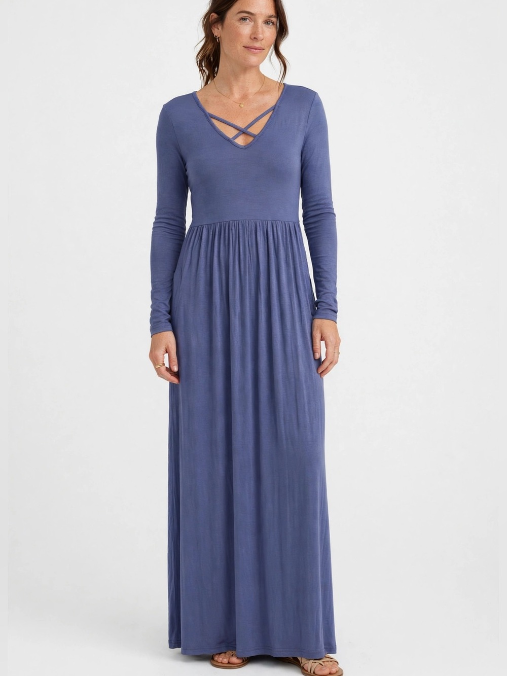 NWT LILBETTER Gray Purple Long Sleeve Criss Cross Maxi Dress with Pockets Size S